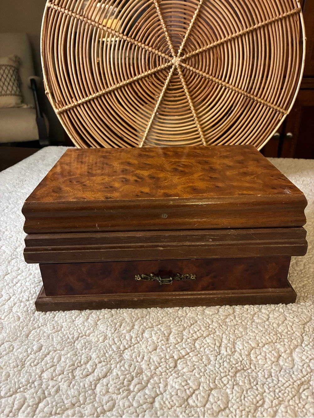 Vintage Style Burl Wood Jewelry Box Organizer Mirror Drawer Brass Hardware
